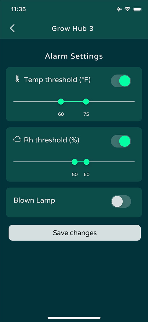 Niwa App Screenshot - alarm settings