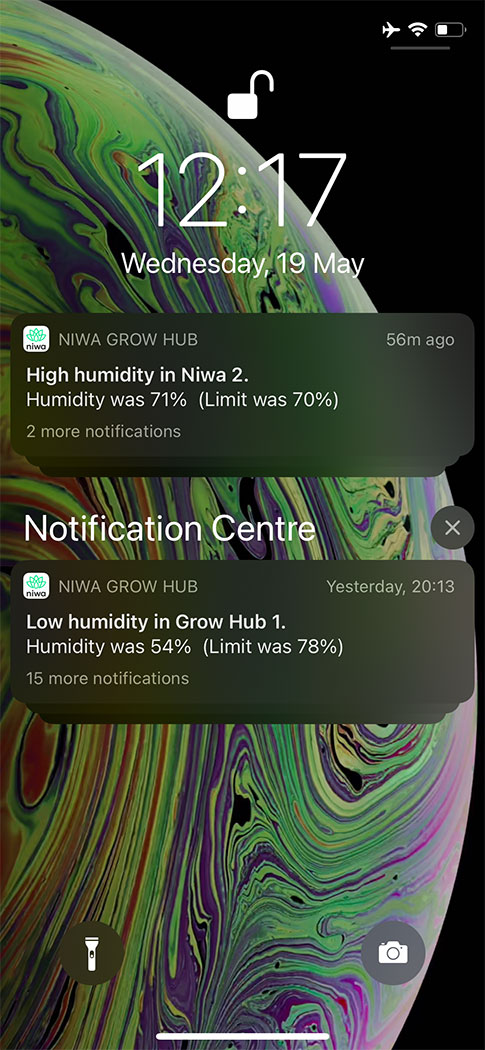 cell phone screen shot with Niwa app push notifications