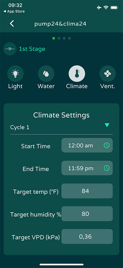 Niwa App Screenshot - recipe setting for climate control