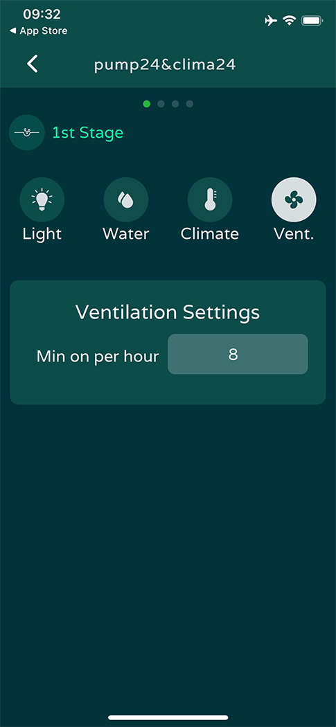 Niwa App Screenshot - recipe setting for fans and ventilation