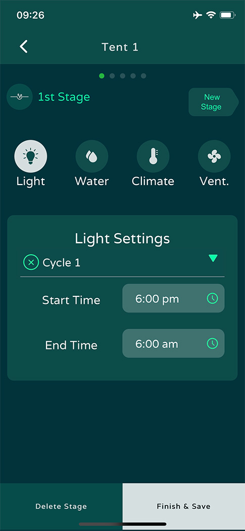 Niwa App Screenshot - recipe setting for light schedule
