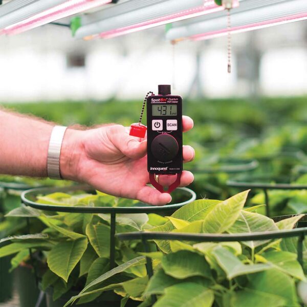 man holding meter in front of plants