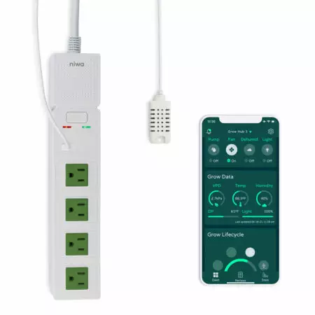 Niwa Grow Hub Plus plug strip with cell phone